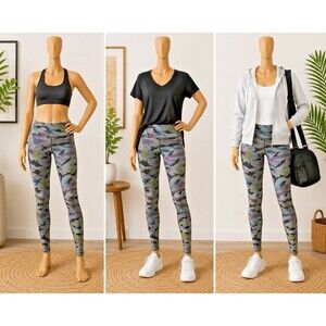 VOGO Athletica Womens Leggings XL Watercolor  Blues Black Coin/key Pocket Capri